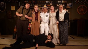 The cast from the play - Jiffy, Melissa Mae, Sheriff Taco Bill, Miss Lilly, Granny Annie, and Bad Bart