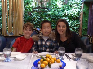 At our first dinner together - Toby is quite a bit taller, but they were about the same sitting down, and Noah liked that - kept measuring himself again Toby